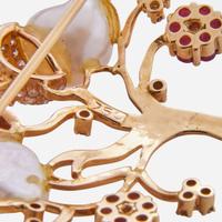 An 18K Yellow Gold, Pearl, and Ruby Brooch