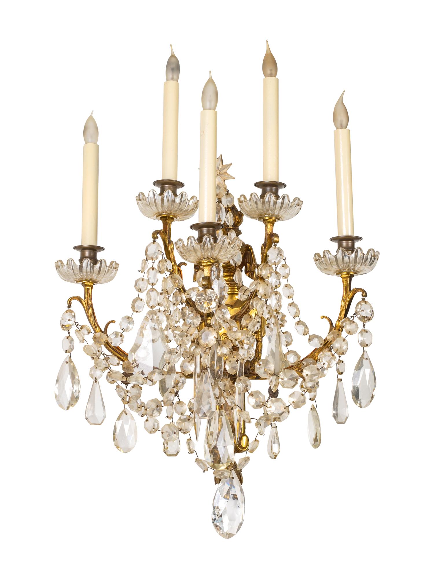 A Pair of Louis XV Style Gilt-Metal and Glass Sconces