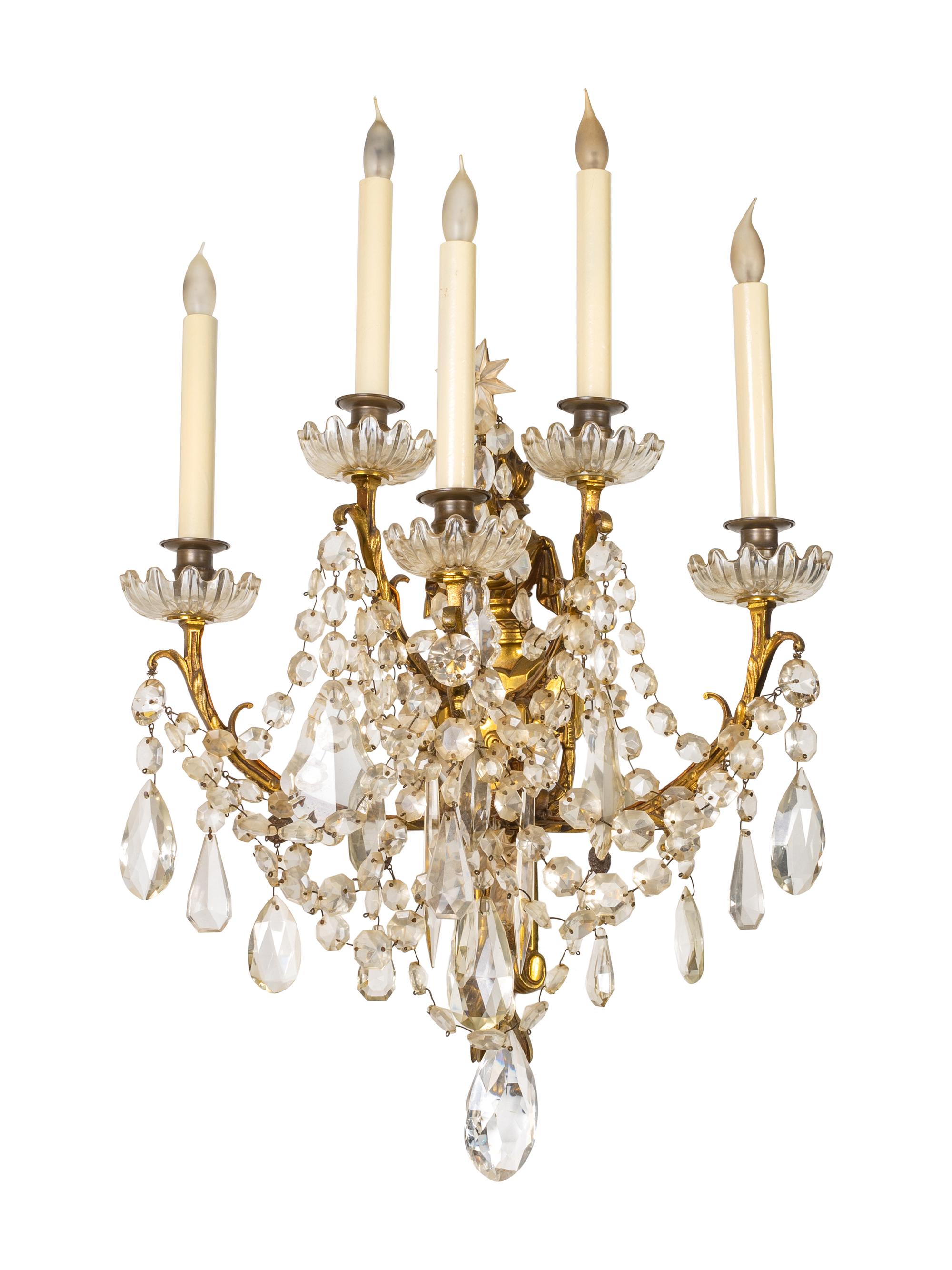 A Pair of Louis XV Style Gilt-Metal and Glass Sconces
