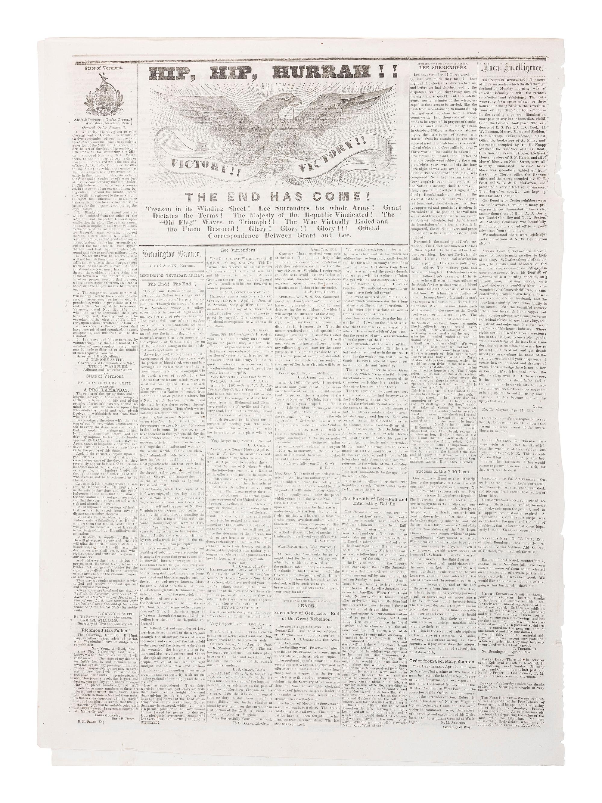 [CIVIL WAR]. 4 war-date newspapers, incl. capture of Fort Sumter and Lee's surrender at Appomattox.