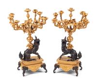 A Pair of French Japonesque Gilt and Patinated Bronze Thirteen-Light Candelabra