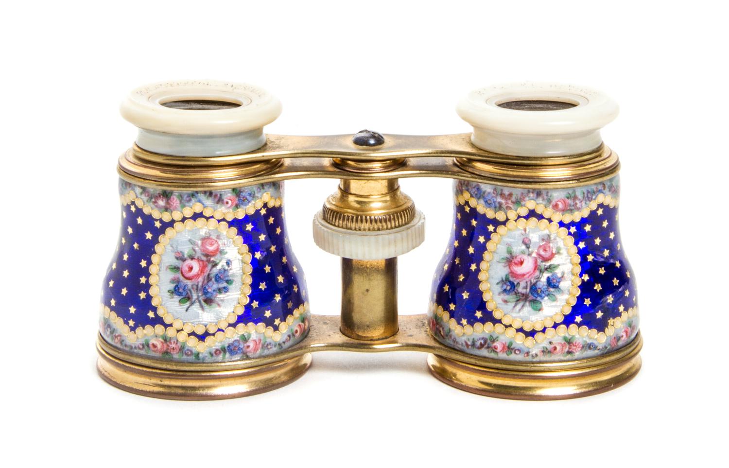 A Pair of French Enameled Opera Glasses, Width 4 1/4 inches.