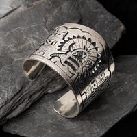 Victor Coochwytewa (Hopi, 1922-2011) — Silver Overlay Katsina and Pueblo Cuff Bracelet