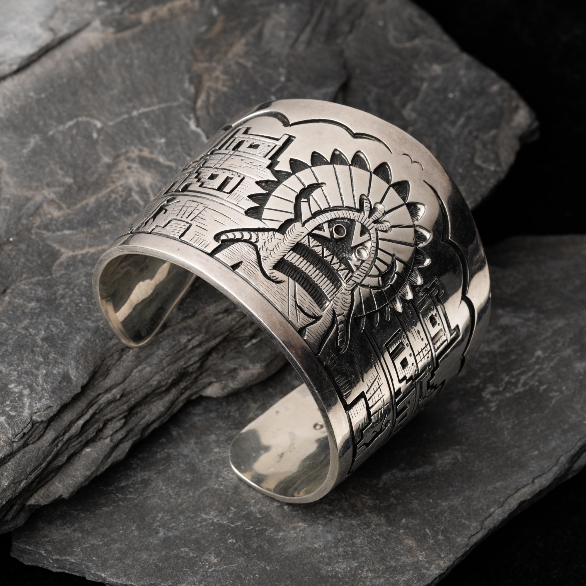 Victor Coochwytewa (Hopi, 1922-2011) — Silver Overlay Katsina and Pueblo Cuff Bracelet