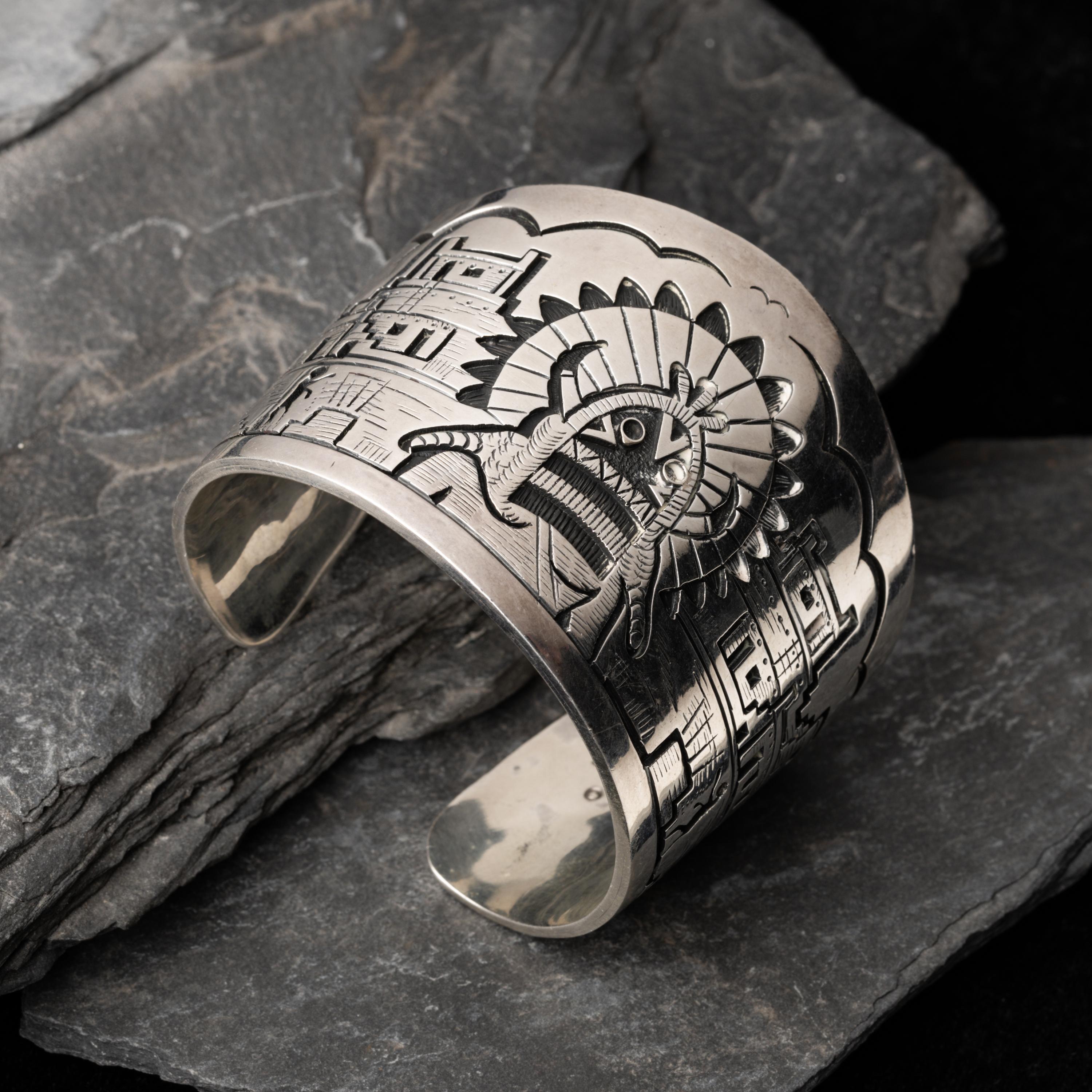 Victor Coochwytewa (Hopi, 1922-2011) — Silver Overlay Katsina and Pueblo Cuff Bracelet