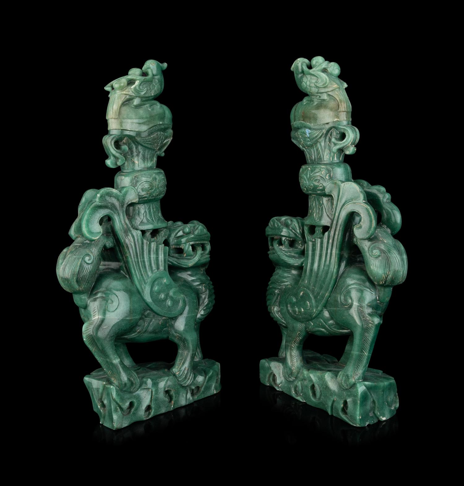 A Pair of Chinese Green Hardstone Mythical Beast-Form Covered Vases