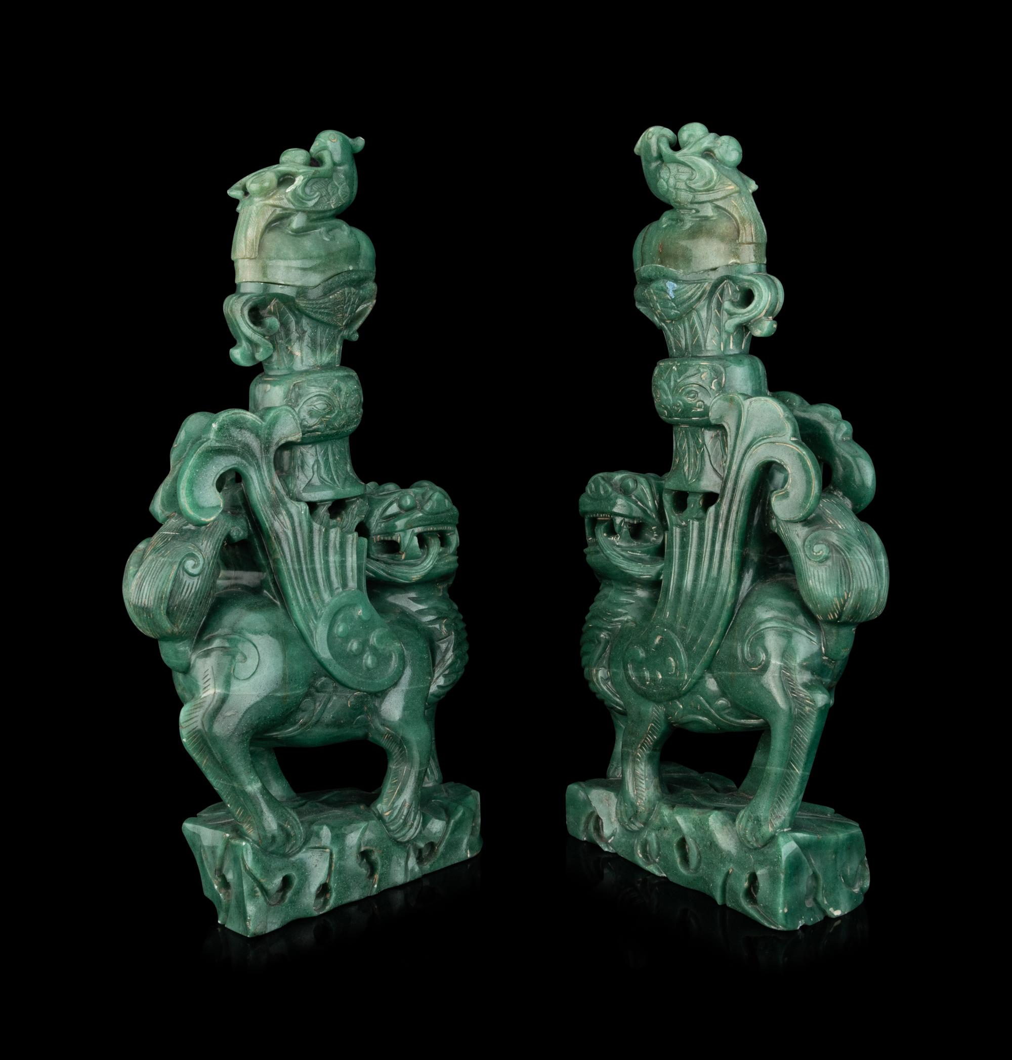 A Pair of Chinese Green Hardstone Mythical Beast-Form Covered Vases