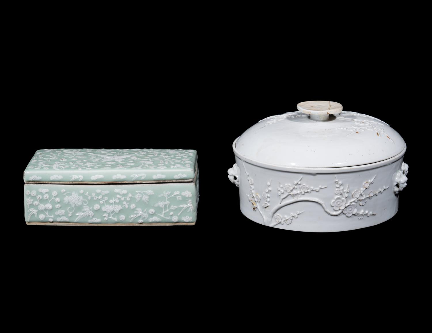 Two Chinese Carved Porcelain Covered Boxes
