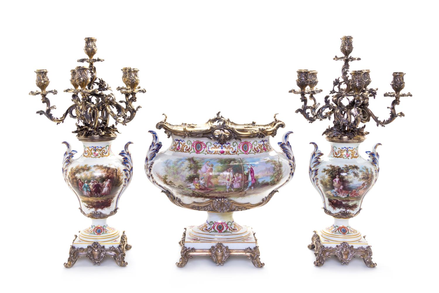 A French Silver Mounted Sevres Style Porcelain Garniture Height of candelabra 16 1/2 inches. — SILVER BY TETARD FRERES, PARIS, 19TH CENTURY