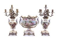 A French Silver Mounted Sevres Style Porcelain Garniture Height of candelabra 16 1/2 inches. — SILVER BY TETARD FRERES, PARIS, 19TH CENTURY