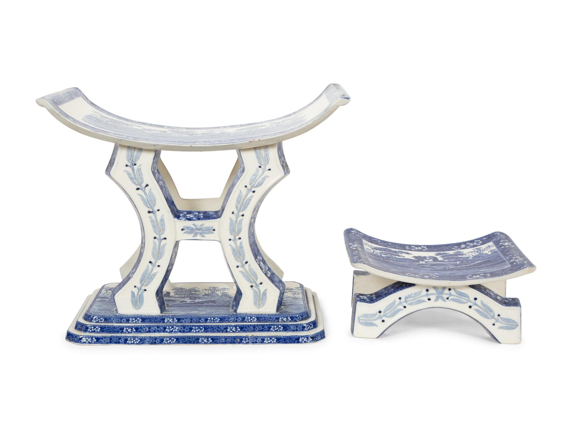 A Pair of Copeland Spode's Tower Transferware Pottery Stools