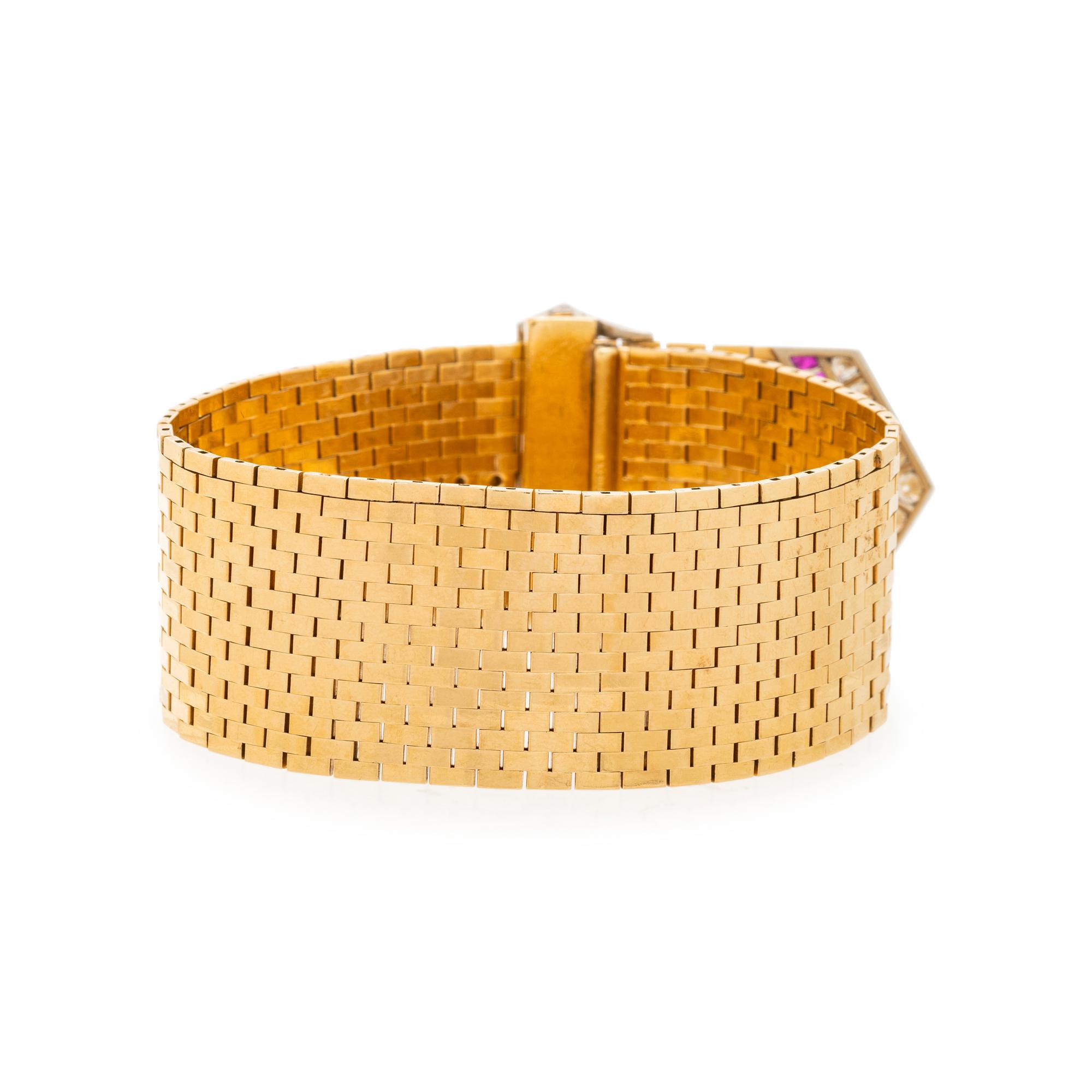 CARTIER, RETRO, YELLOW GOLD, DIAMOND AND RUBY BUCKLE BRACELET