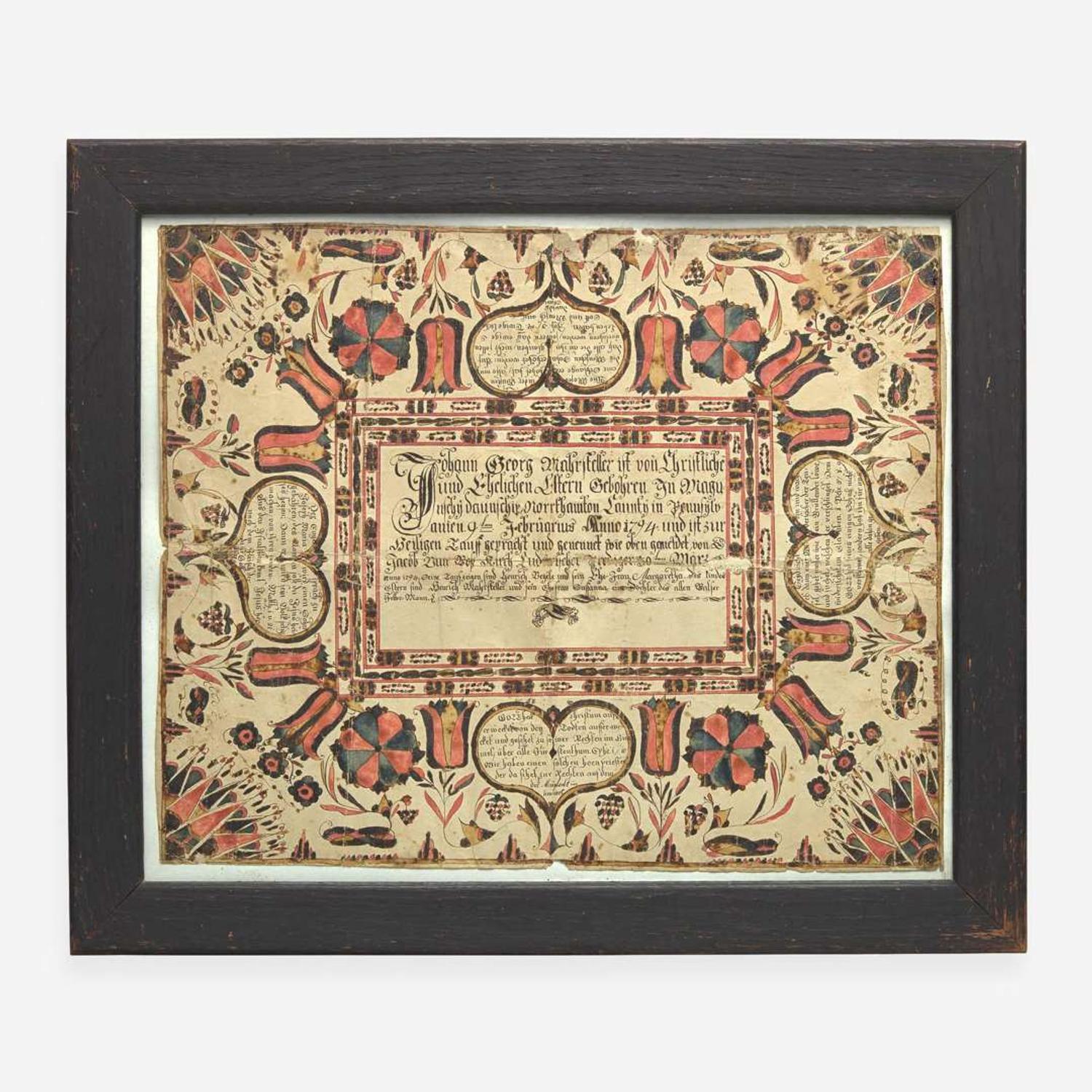 A Fraktur birth and baptismal certificate for Johan George Mahrsteller Heinrich Weiss (active c. 1776-1808)