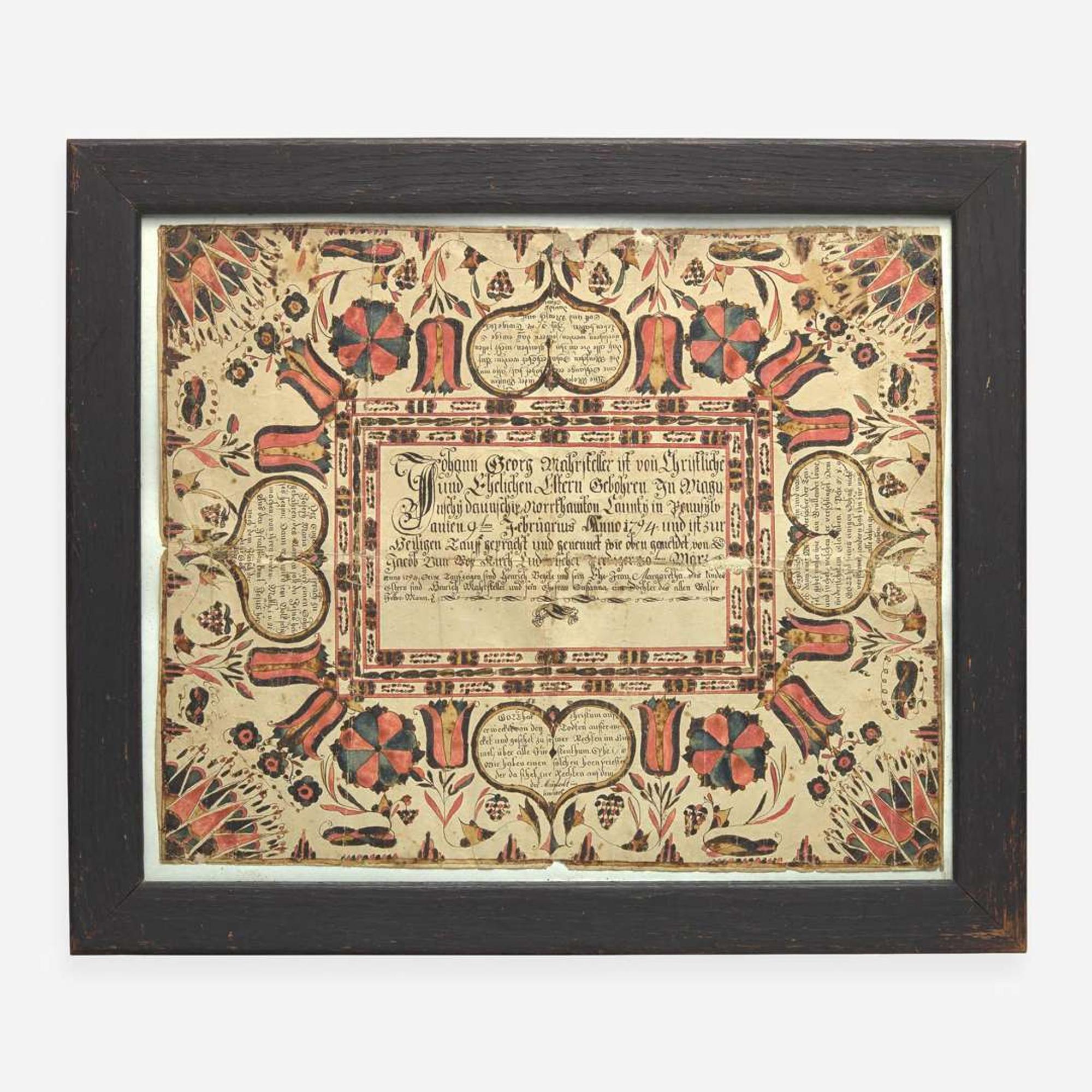 A Fraktur birth and baptismal certificate for Johan George Mahrsteller Heinrich Weiss (active c. 1776-1808)