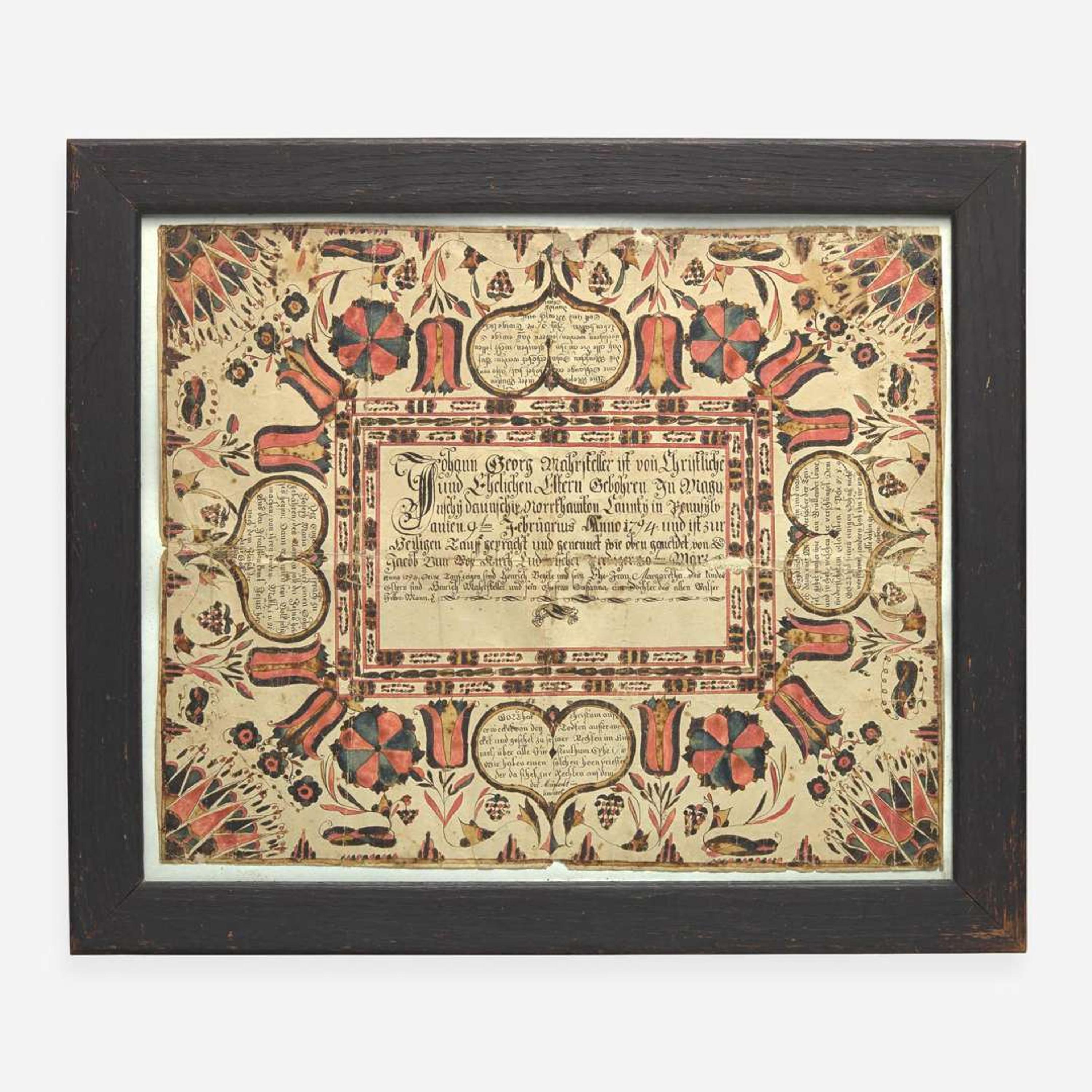 A Fraktur birth and baptismal certificate for Johan George Mahrsteller Heinrich Weiss (active c. 1776-1808)