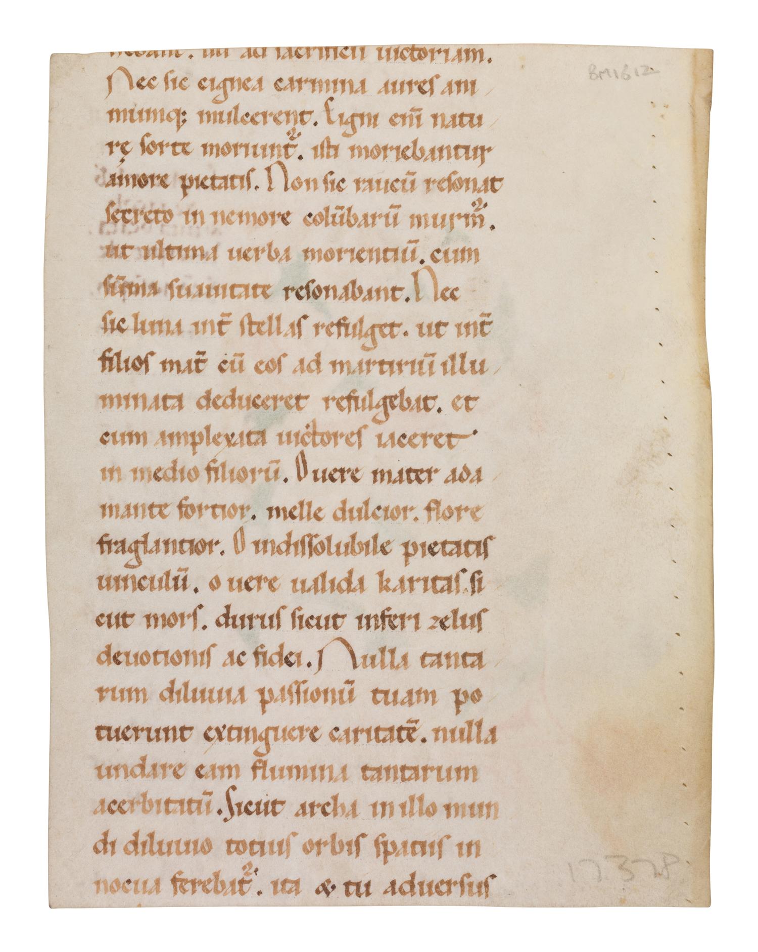 ITALIAN ROMANESQUE ARTIST Partial leaf from a De patriarchis , with decorated initial ‘S’, in Latin, illuminated manuscript on parchment [Italy, Tuscany, c. 1150]