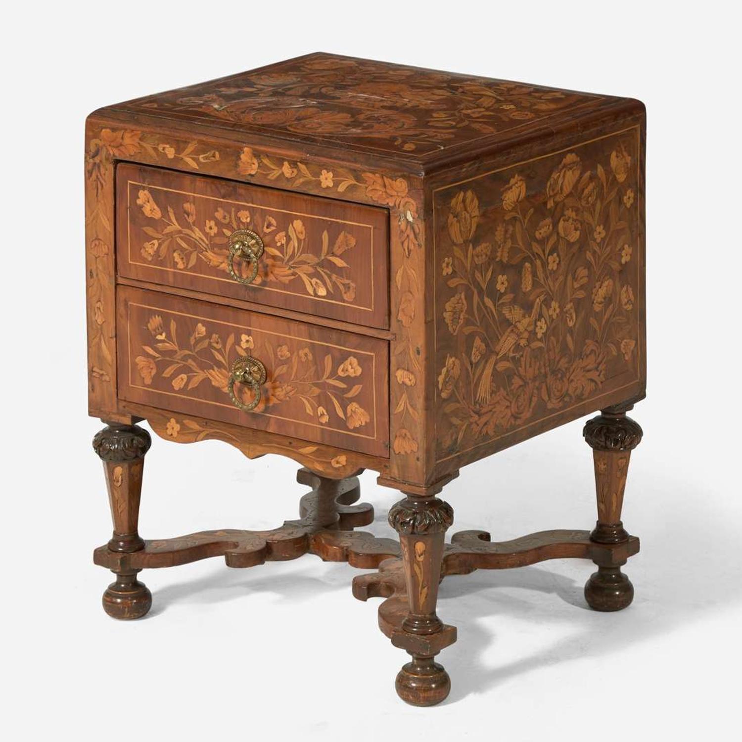 A Dutch William & Mary walnut marquetry stand, box, and dressing mirror, 18th / 19th century