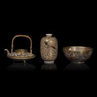 A Satsuma-Type Small Saki Pot, Kinkozan Workshop, a Bowl, Shizan, and a Vase, Signed, Meiji Period
