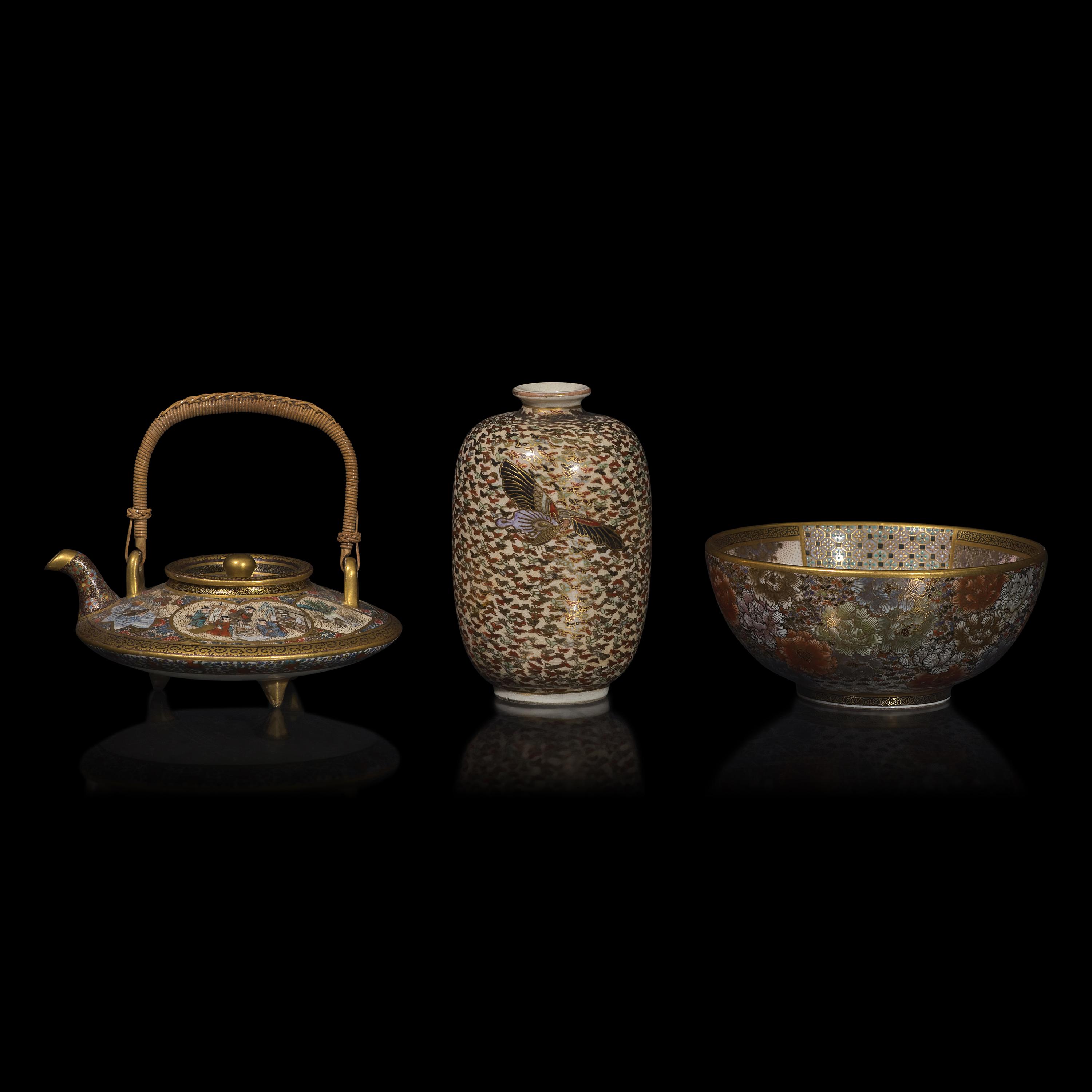 A Satsuma-Type Small Saki Pot, Kinkozan Workshop, a Bowl, Shizan, and a Vase, Signed, Meiji Period