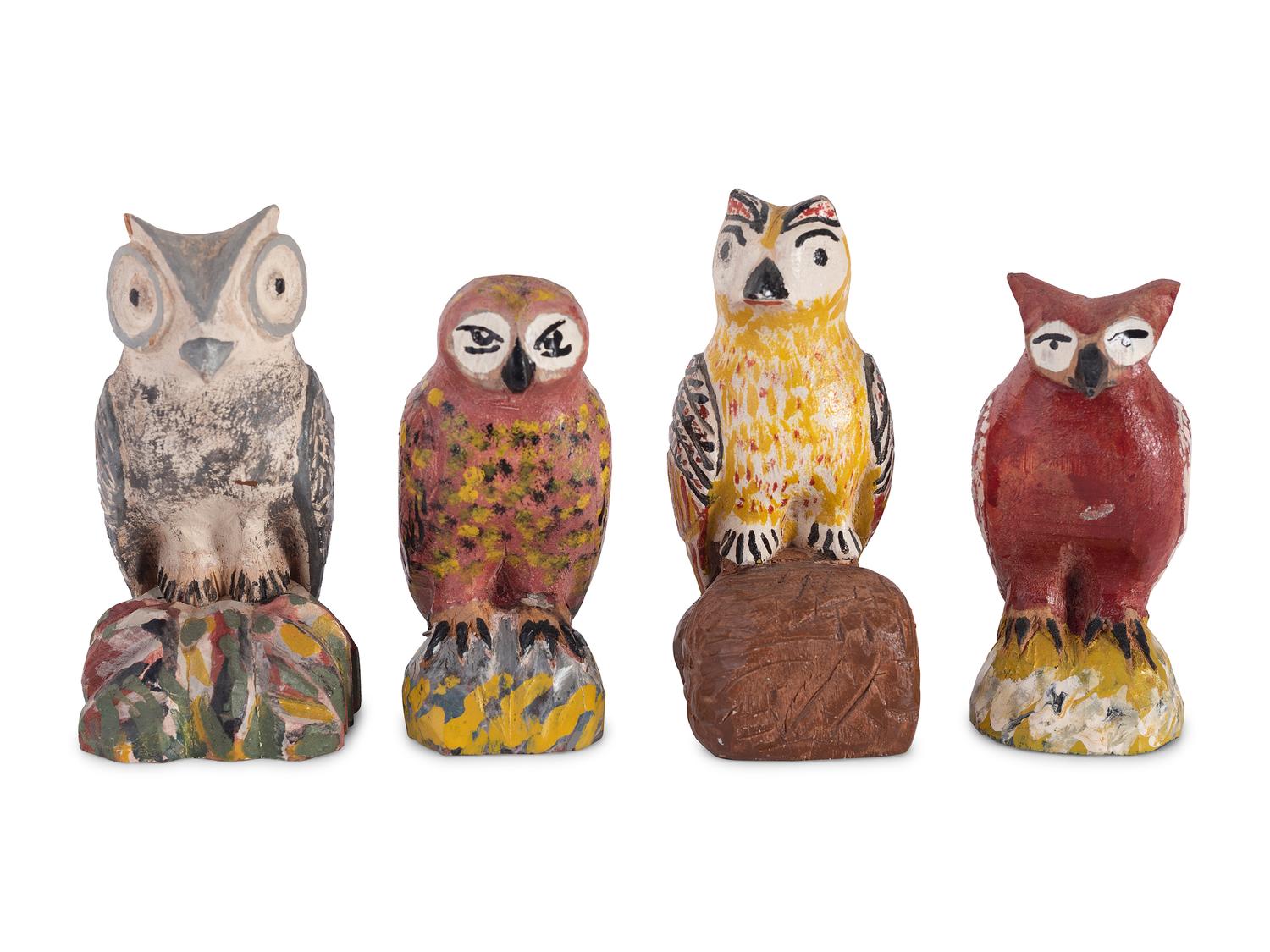 A Group of Painted Folk Art Owl Carvings