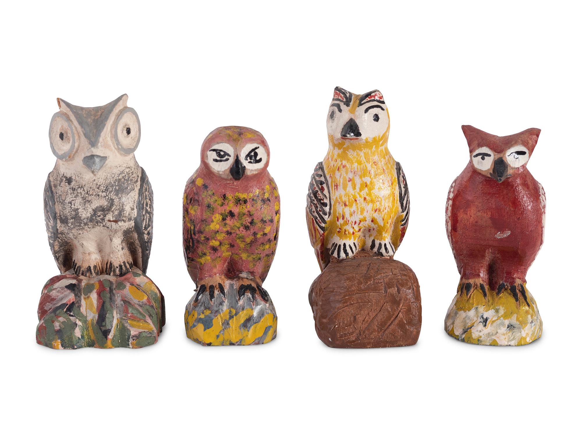 A Group of Painted Folk Art Owl Carvings
