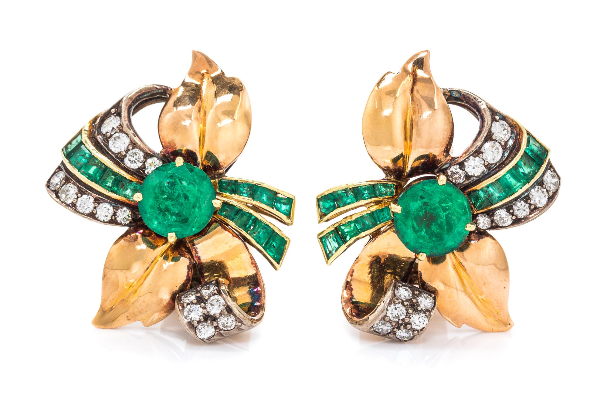 A Pair of Retro Yellow Gold, Emerald and Diamond Earclips, 8.10 dwts.