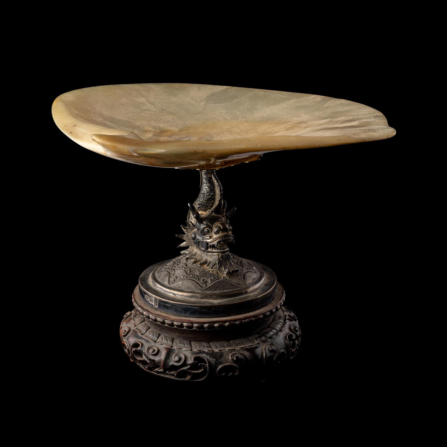 A Chinese Export Silver and Mother-of-Pearl Stem Plate
