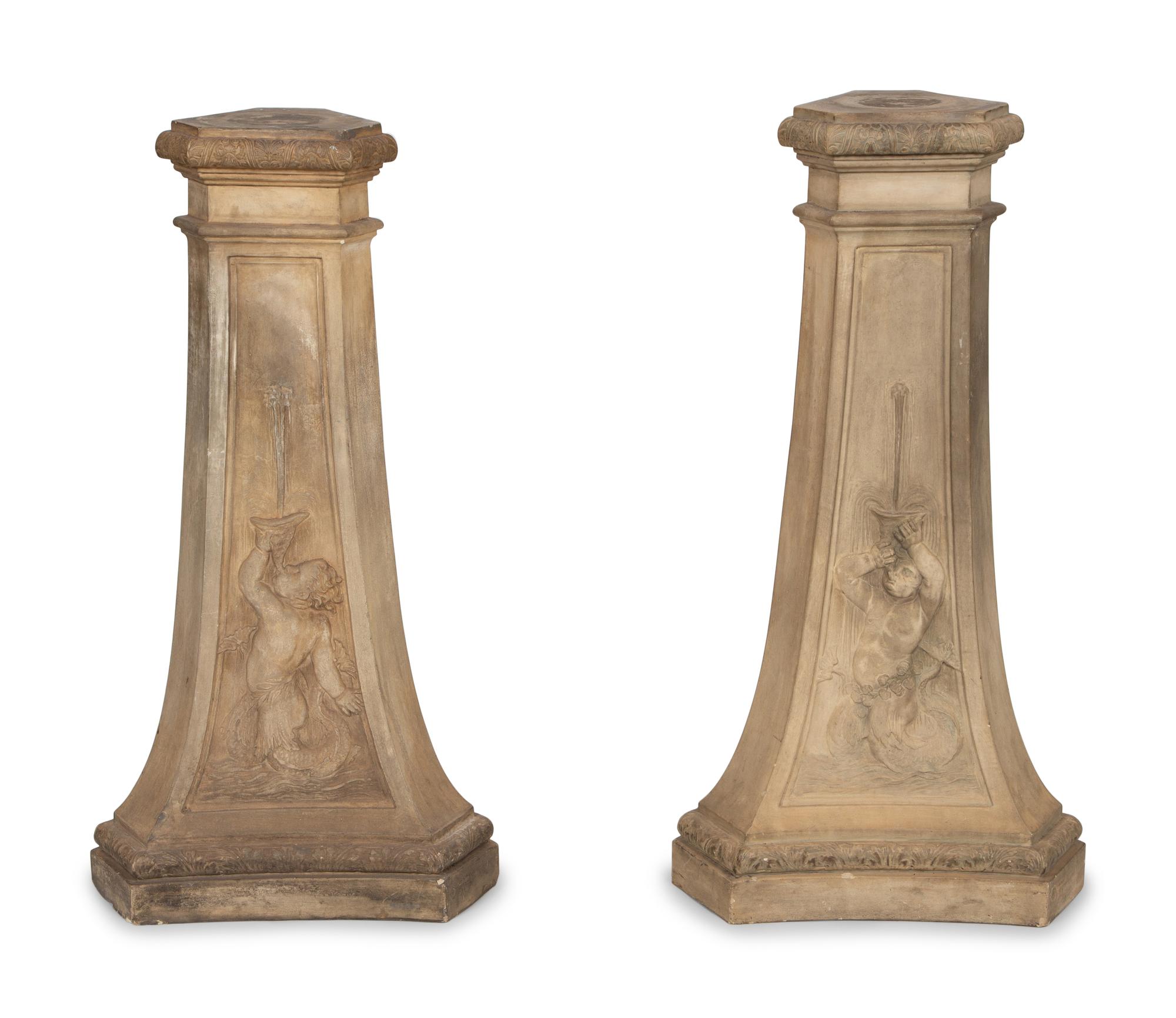 A Pair of Faux Cast Stone Trefoil Base Pedestals