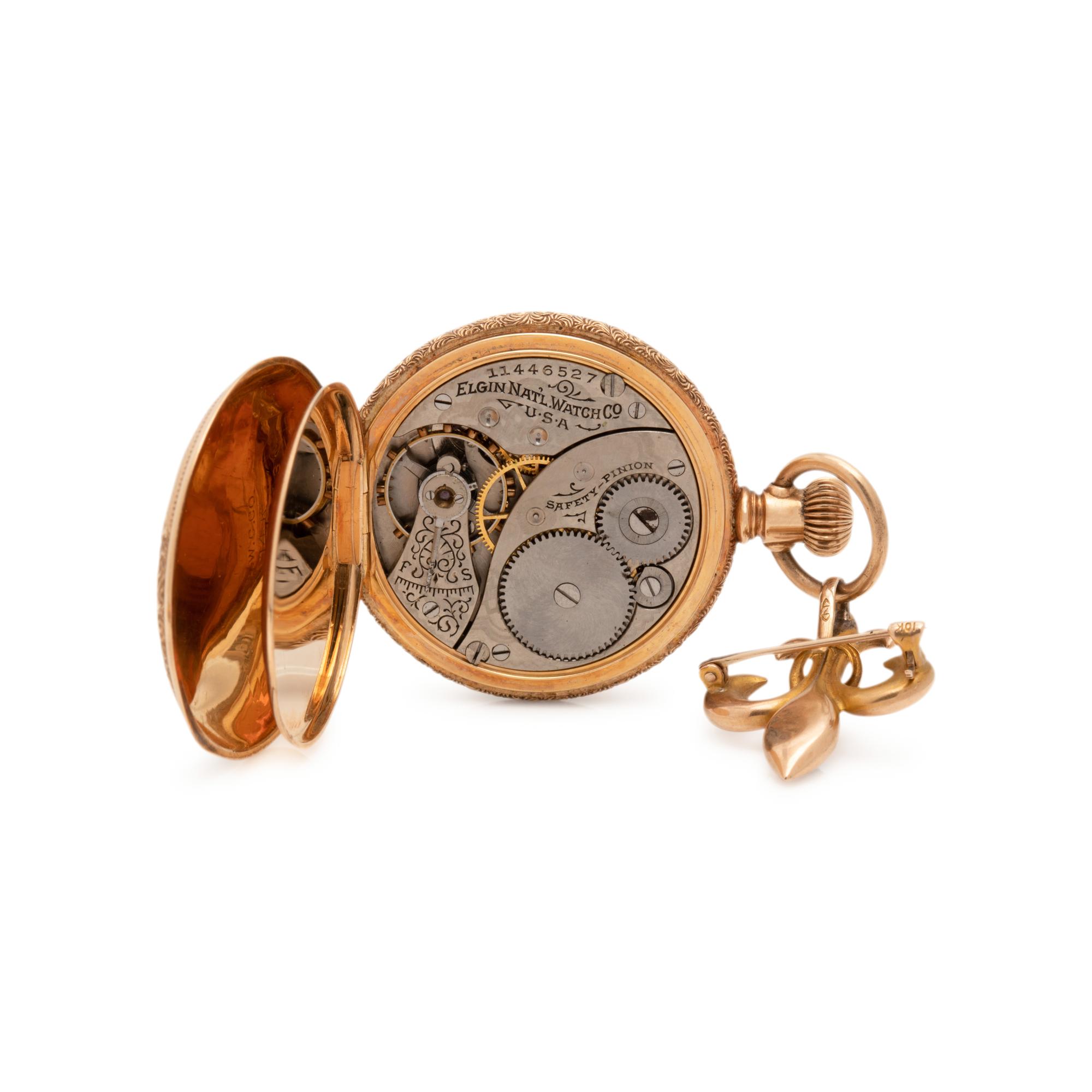 ELGIN, 14K YELLOW GOLD HUNTER CASE POCKET WATCH WITH LAPEL BROOCH