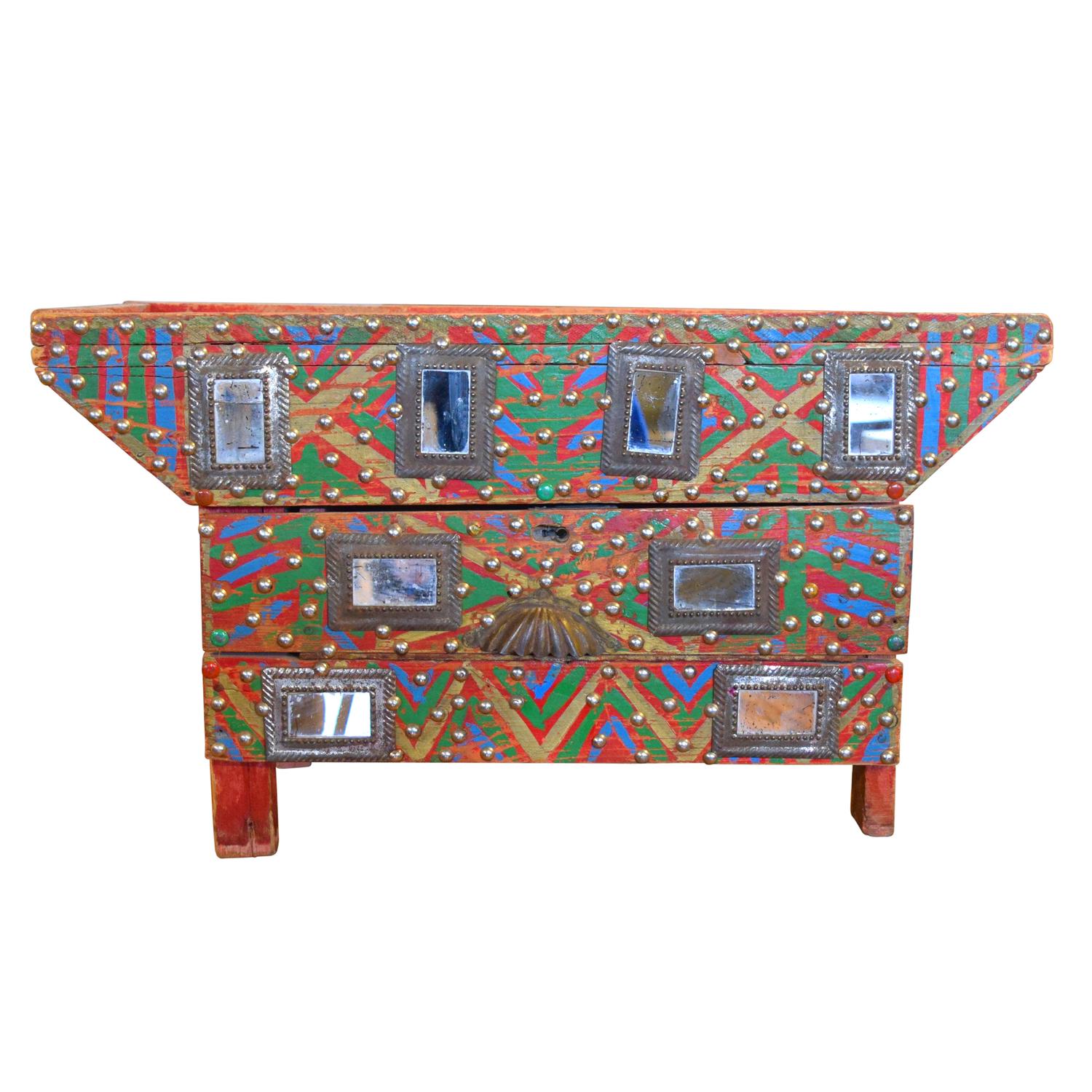 A Painted and Mirror Applied Low Chest 24" W X 11.25" D X 13" H — India, 20th Century