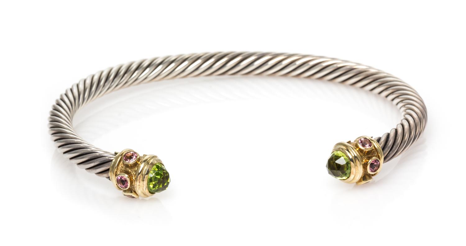 DAVID YURMAN, STERLING SILVER, YELLOW GOLD AND GEMSTONE 'RENAISSANCE' CUFF BRACELET