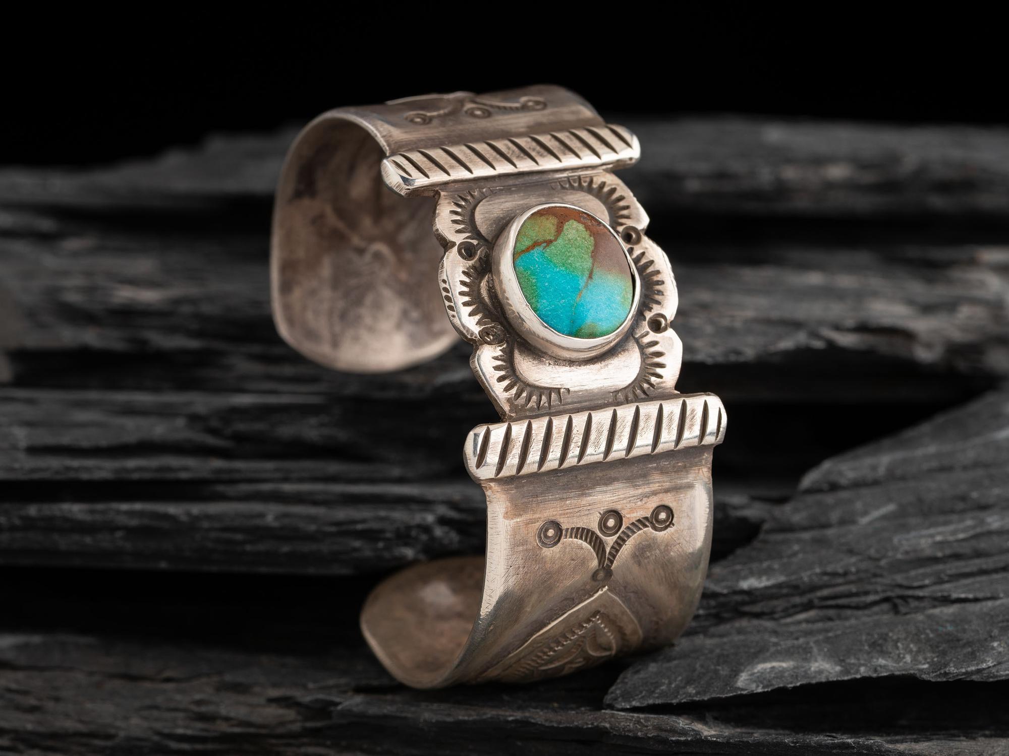 Navajo Ingot and Turquoise Cuff Bracelet