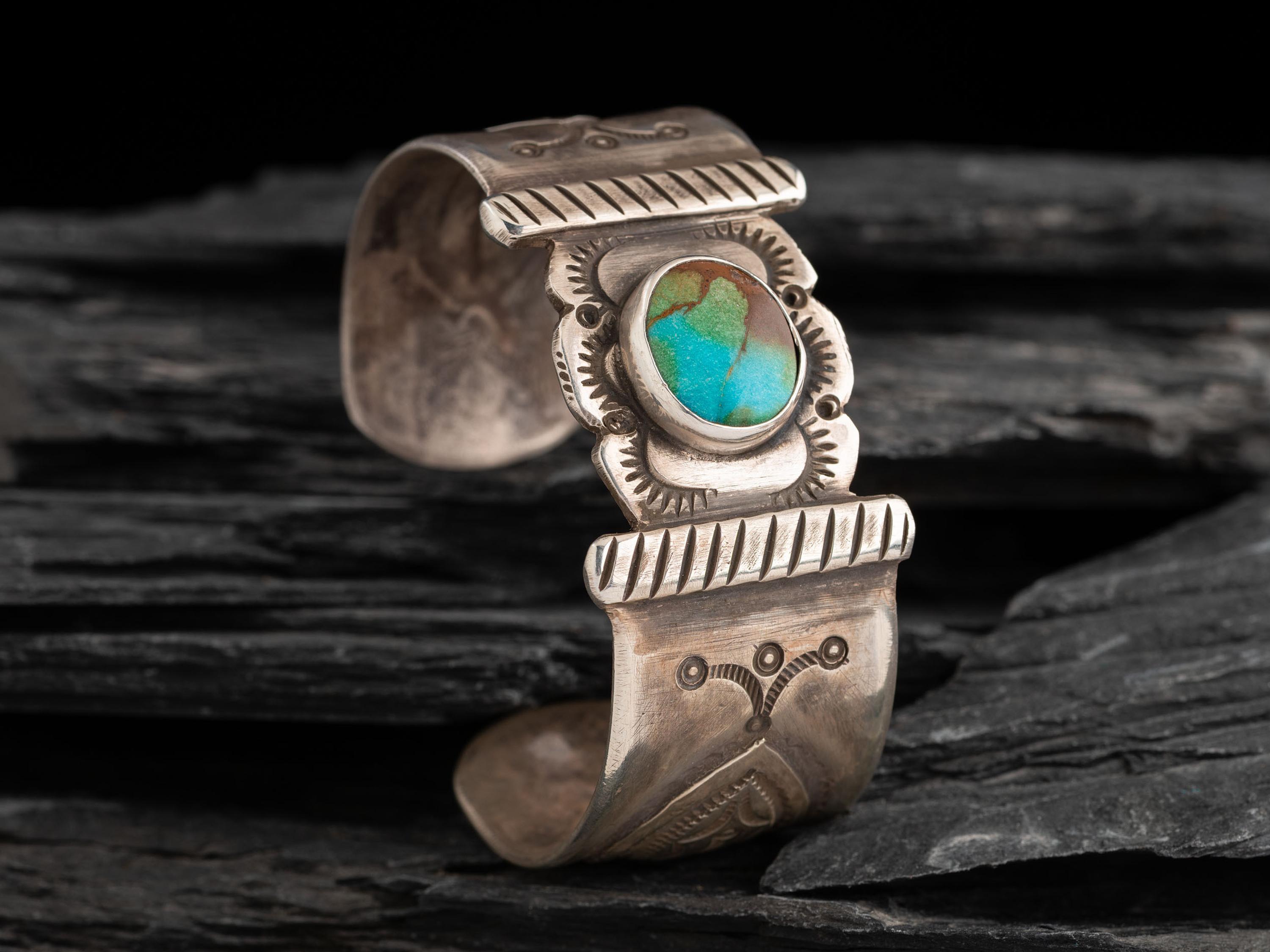 Navajo Ingot and Turquoise Cuff Bracelet
