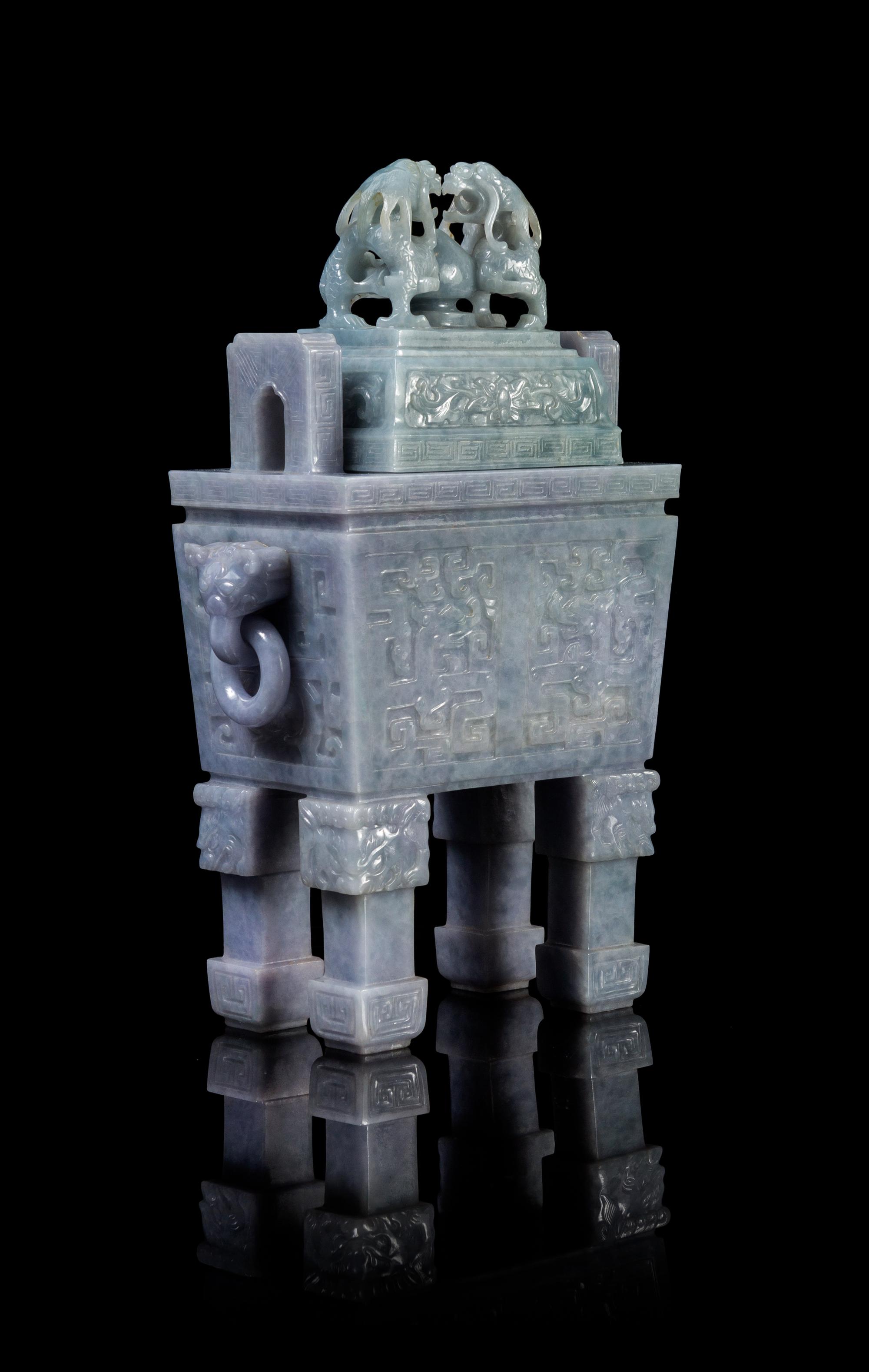 A Chinese Lavendar Jadeite Fang Ding LATE QING DYNASTY/MID-20TH CENTURY Height 11 3/4 x width 7 1/2 inches. — LATE QING DYNASTY/MID-20TH CENTURY