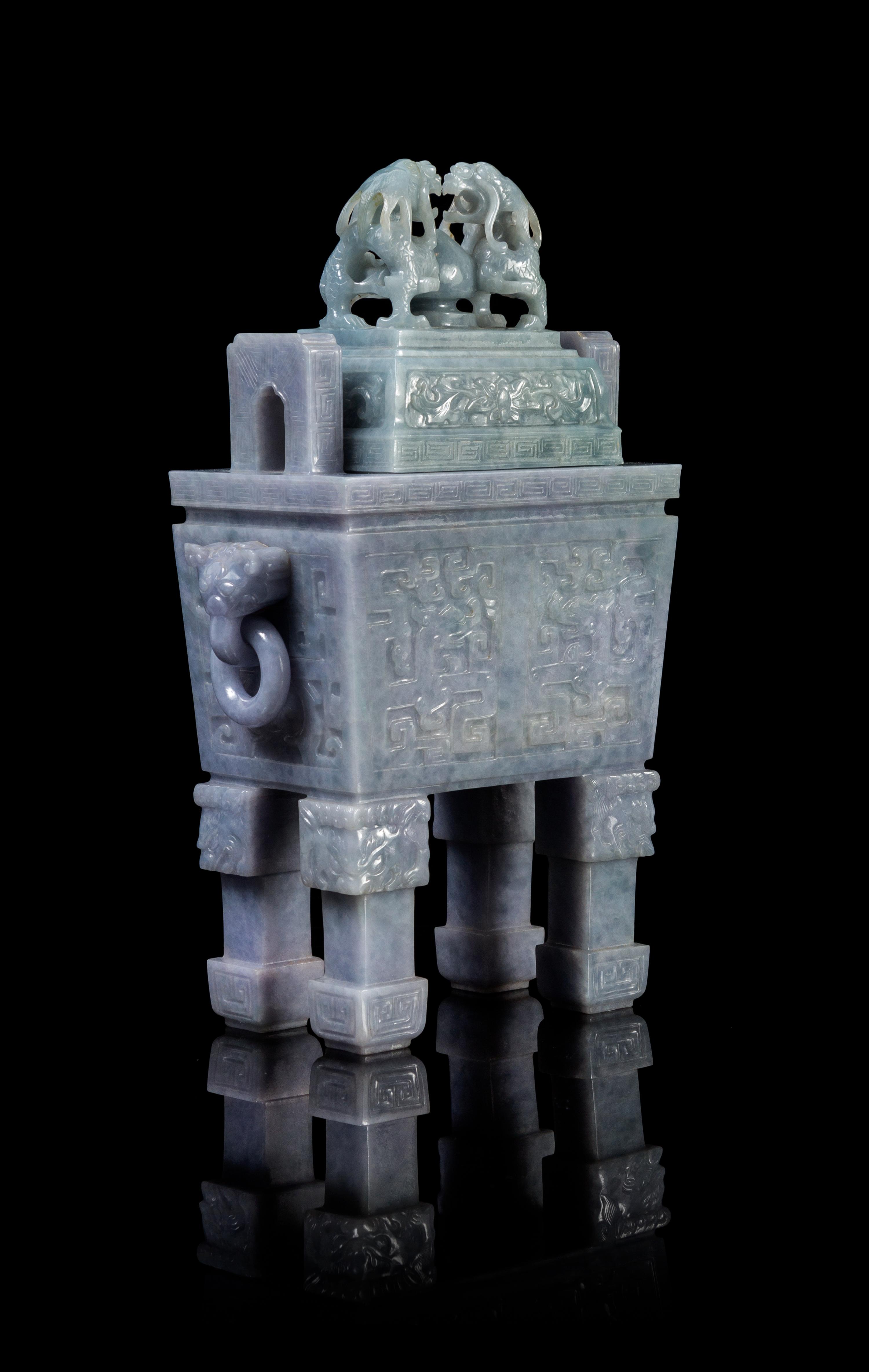 A Chinese Lavendar Jadeite Fang Ding LATE QING DYNASTY/MID-20TH CENTURY Height 11 3/4 x width 7 1/2 inches. — LATE QING DYNASTY/MID-20TH CENTURY