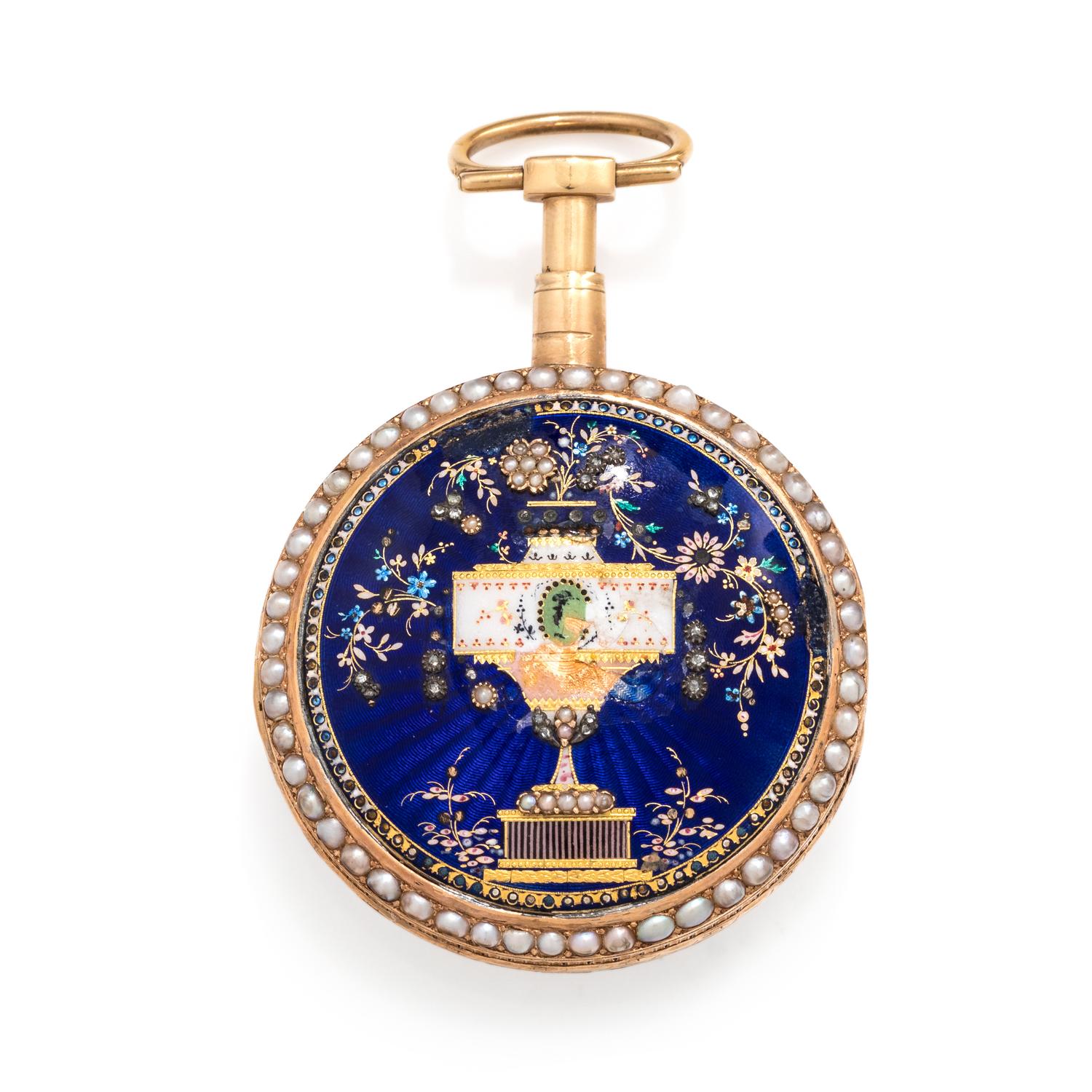CHEVALIER & CO. ENAMEL, PEARL AND DIAMOND OPEN FACE POCKET WATCH