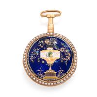 CHEVALIER & CO. ENAMEL, PEARL AND DIAMOND OPEN FACE POCKET WATCH