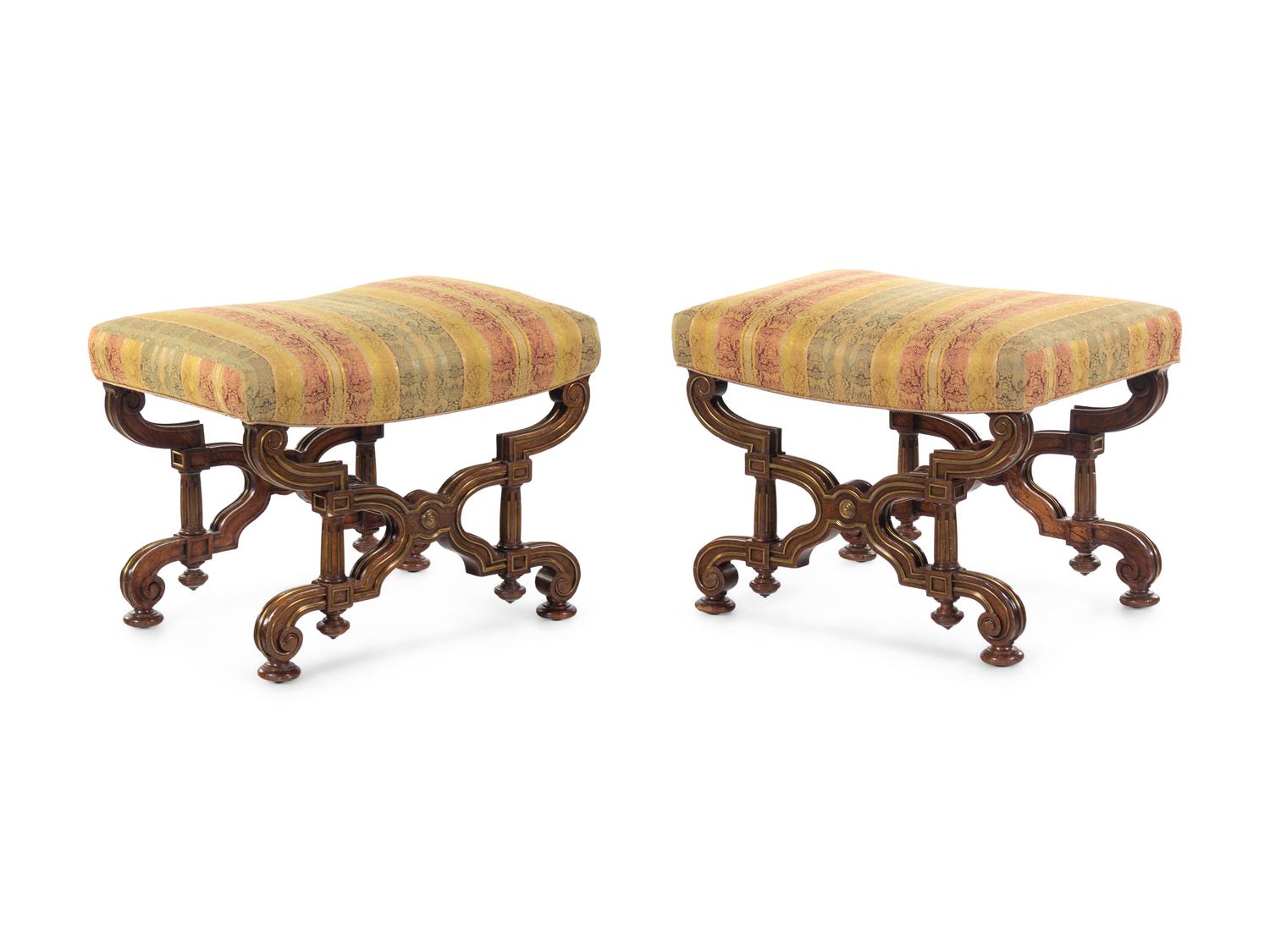 A Pair of Russian Empire Bronze Mounted Oak Curule-Form Tabourets