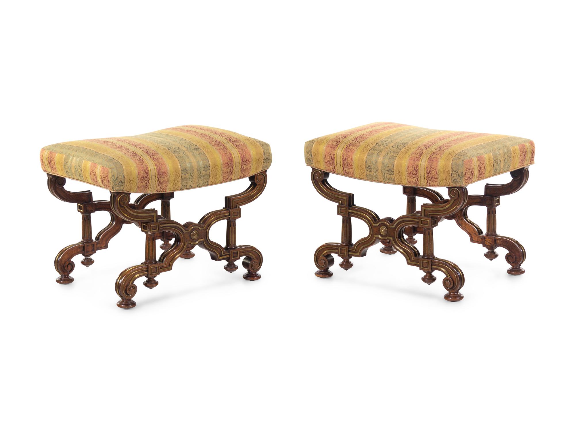 A Pair of Russian Empire Bronze Mounted Oak Curule-Form Tabourets
