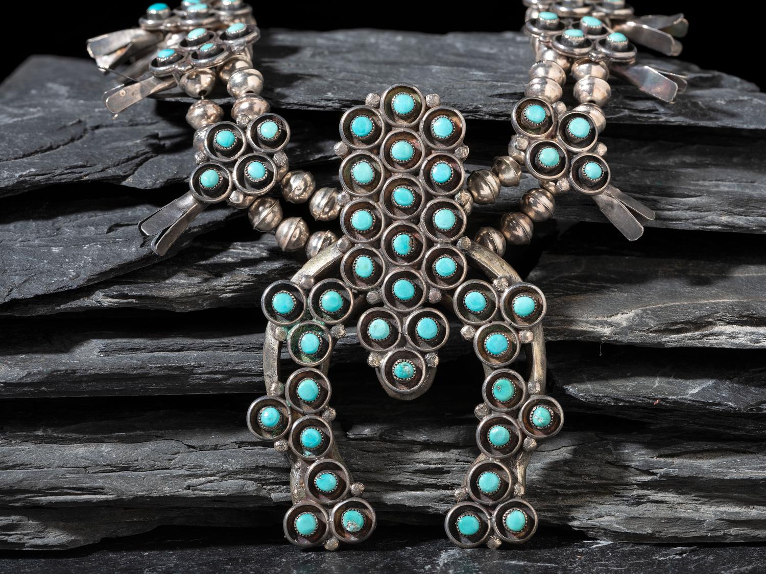 Navajo Silver and Turquoise Cluster Necklace