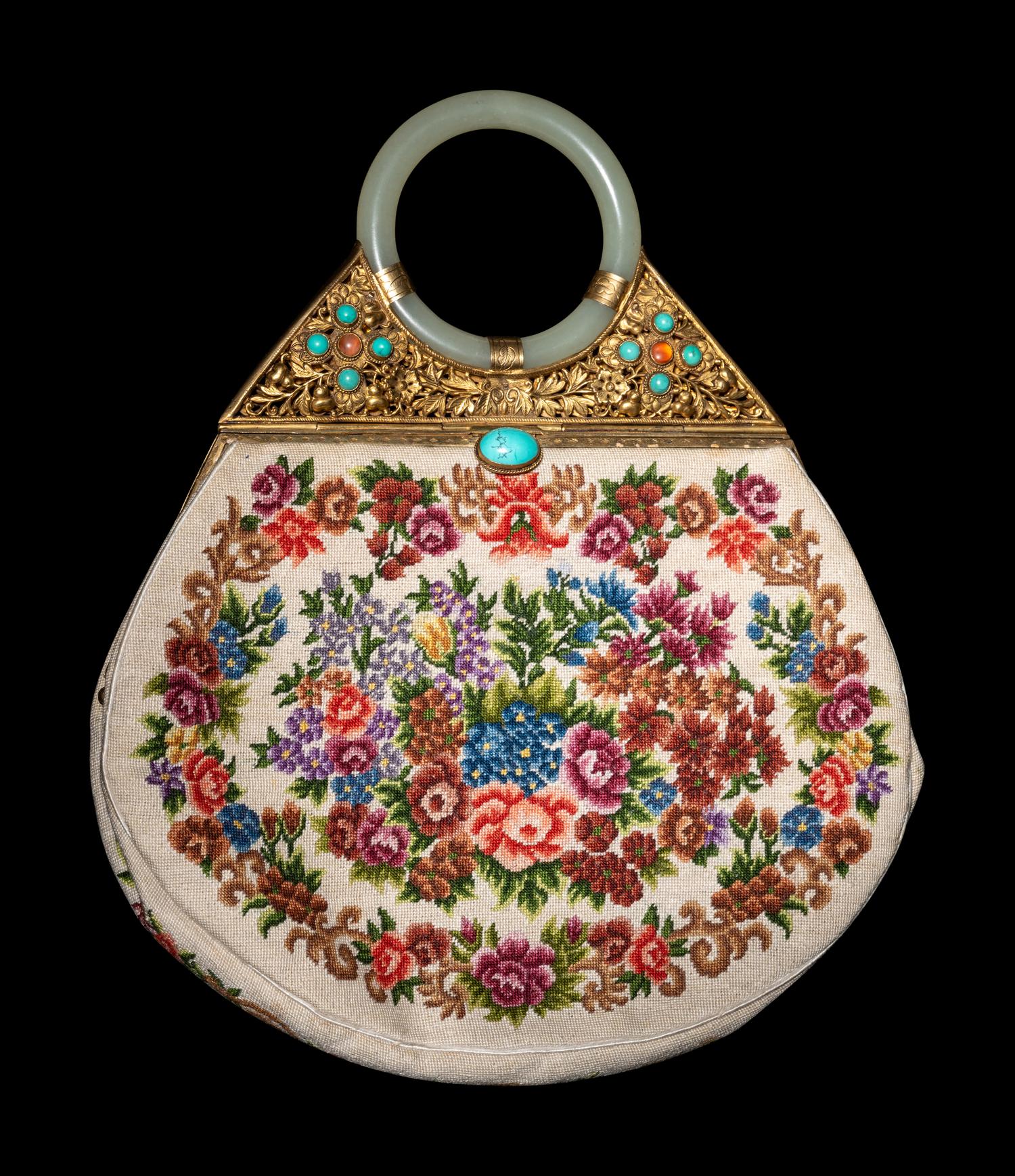 A Chinese Jade and Hardstone Mounted Embroidered Purse