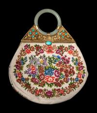 A Chinese Jade and Hardstone Mounted Embroidered Purse