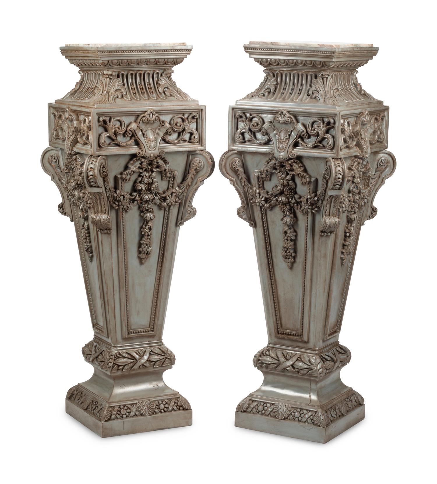 A Pair of Louis XIV Style Gray-Painted Marble-Top Pedestals