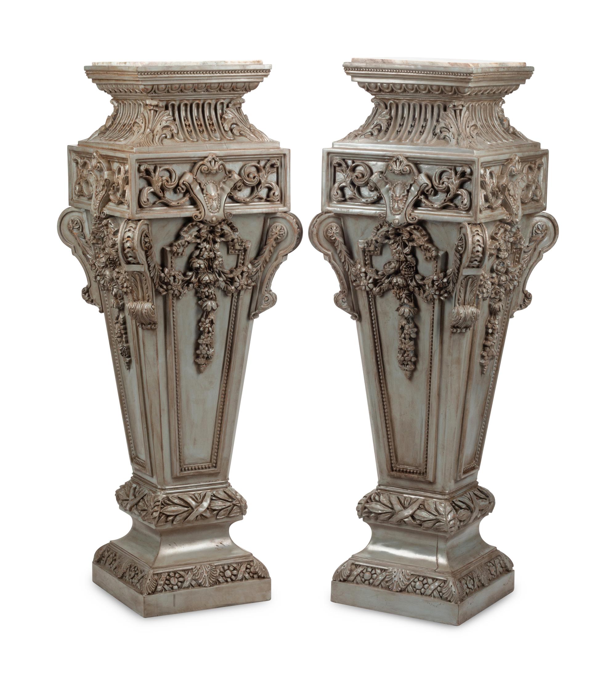 A Pair of Louis XIV Style Gray-Painted Marble-Top Pedestals