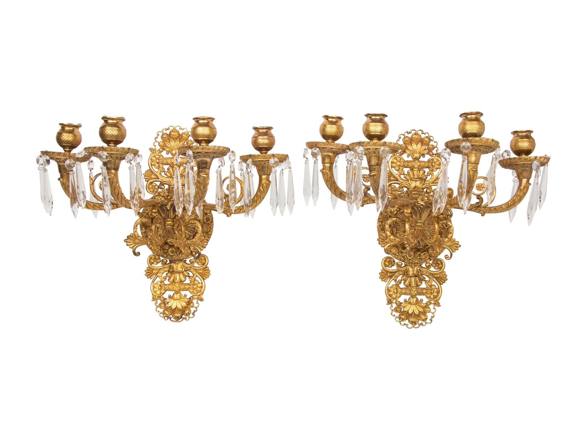 A Pair of Empire Style Gilt Bronze Four-Light Sconces