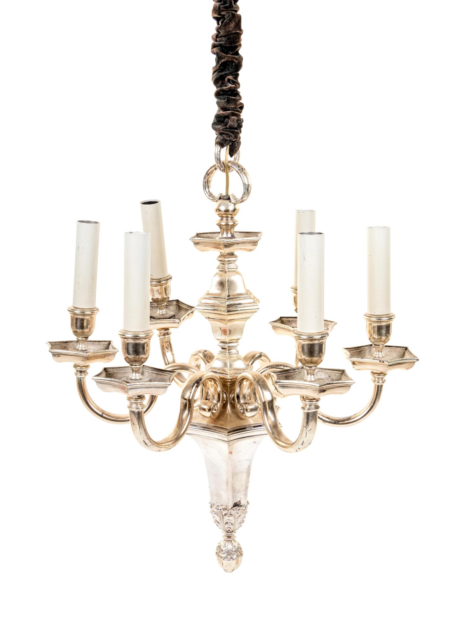 A Dutch Baroque Style Silver-Plate Six-Light Chandelier