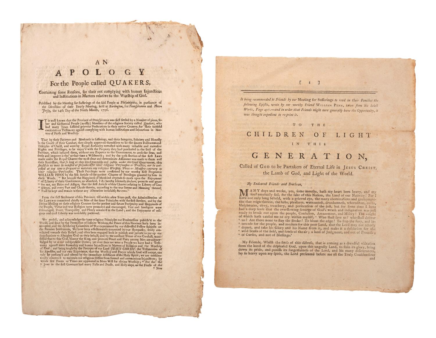 [QUAKERIANA] -- [PENN, William (1644-1718)]. A group of Quaker imprints including a rare proposal for printing of William Penn's No Cross, No Crown, by subscription.