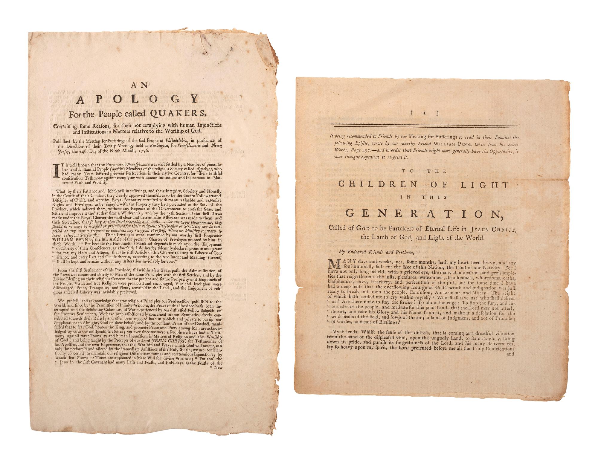 [QUAKERIANA] -- [PENN, William (1644-1718)]. A group of Quaker imprints including a rare proposal for printing of William Penn's No Cross, No Crown, by subscription.