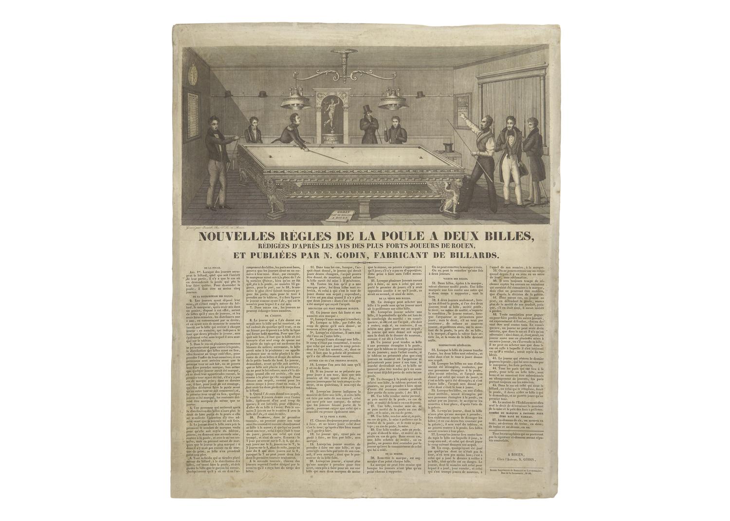 [Sporting] [Billiards] Nouvelles Règles de la poule a Deux Billes, Redigees d'apres les avis des plus forts joueurs de Rouen, et Publiees par N. Godin, Fabricant de Billards