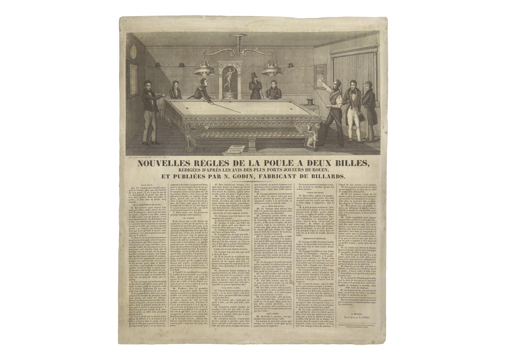 [Sporting] [Billiards] Nouvelles Règles de la poule a Deux Billes, Redigees d'apres les avis des plus forts joueurs de Rouen, et Publiees par N. Godin, Fabricant de Billards